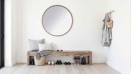 Modern Scandinavian entryway with floating wooden bench round mirror and open shoe rack for clean functional decor