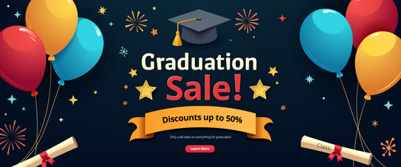 Graduation sale banner with balloons and a graduation cap. The banner is blue and red with yellow and orange balloons. The banner is advertising a sale with discounts of up to 50%