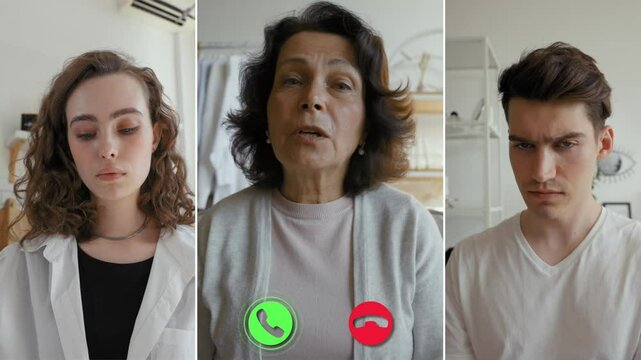 Three individuals take part in a split screen online call, each engaged in a conversation. The woman appears to be addressing the others seriously, highlighting emotional dynamics.