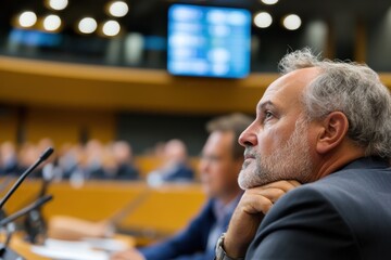 Fototapeta premium Attentive individuals in a conference setting emphasize the importance of active listening and engagement in professional environments, fostering collaborative ideas.