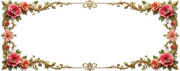 Ornate gold scroll frame with floral patterns on white background, wooden texture, elegant background