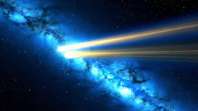 Stunning cosmic scene featuring bright comets streaking across a vibrant blue nebula. Multiple shooting stars with golden tails against the backdrop of the Milky Way galaxy. Deep space filled with twi