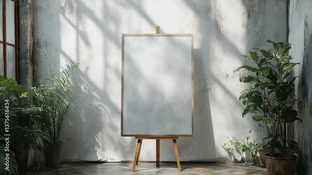 Poster a clear glass poster on an easel in a studio with a clean white backdrop, showcasing minimalistic de