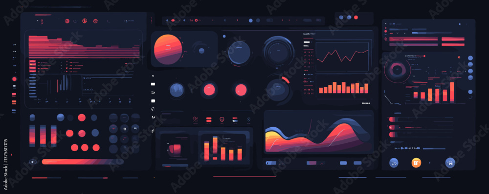 Poster futuristic dashboard with charts and graphs in dark theme, data visualization elements vector.
