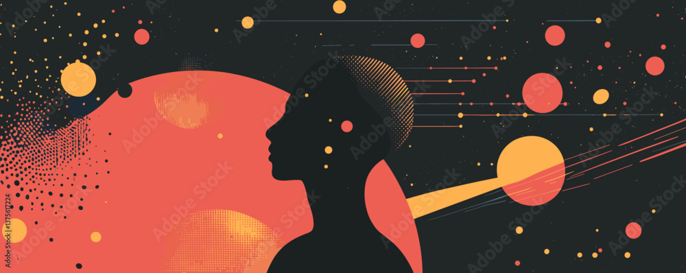 Poster silhouette of abstract human head with cosmic elements and geometric patterns - vector.