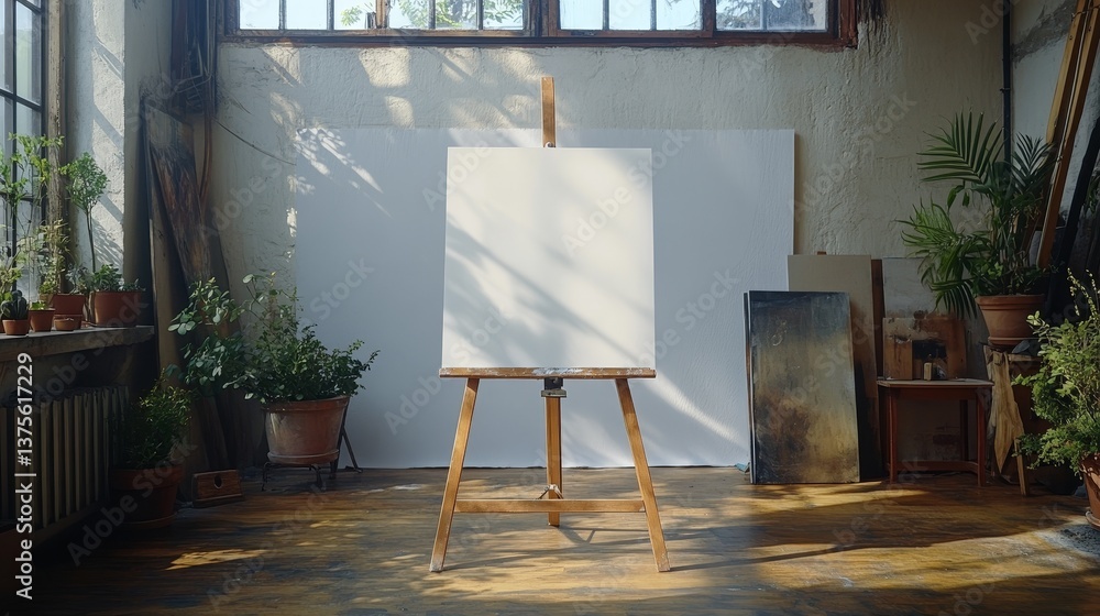 Poster a clear glass poster on an easel in a studio with a clean white backdrop, showcasing minimalistic de