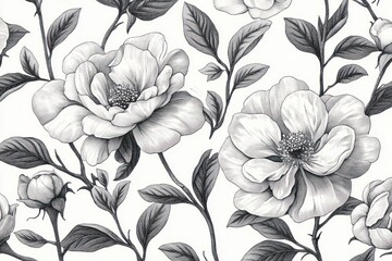 Botanical Vintage Seamless Pattern Illustration of Flowers Leaves Black and White Etching Art