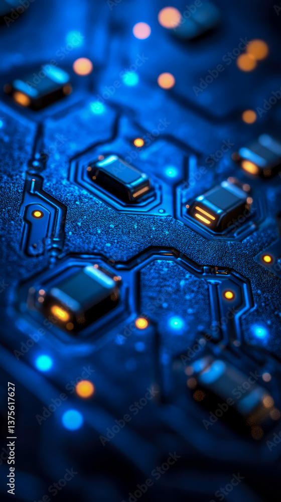 Poster futuristic blue circuit board close-up with glowing components for science and technology projects