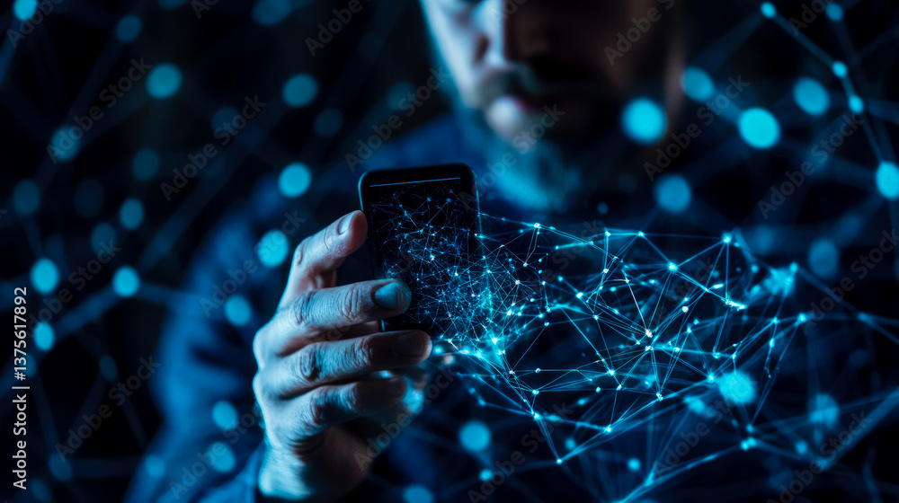 Poster man holding cellular displaying abstract blue network data, communication technology concept