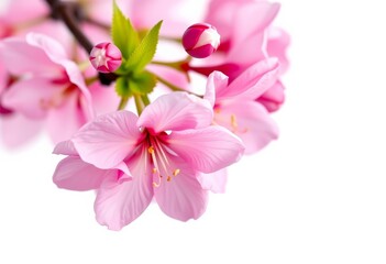 A single, delicate pink cherry blossom isolated on a pure white background, pink flower, stock photo
