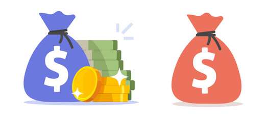 Money stack pile with cash bag sack modern trendy icon graphic design illustration set, golden coins save value storage flat cartoon image clip art