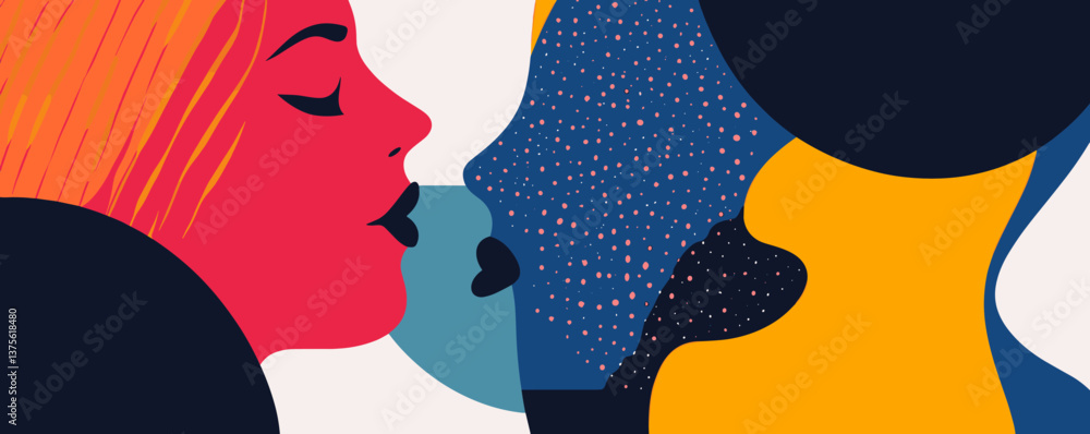 Aufkleber colorful abstract face-to-face silhouettes with geometric patterns - vector.
