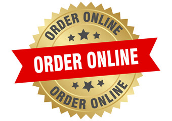 order online. order online round red and gold label isolated on transparent background