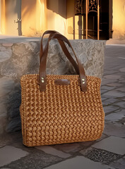 A stunningly beautiful and intricately woven tote bag that features sturdy leather handles, ideal for any occasion