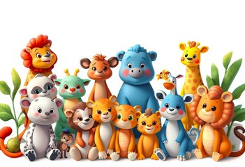 Naklejka premium Adorable cartoon animals, diverse species, sitting on white, cartoon, animal friends