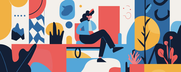 Abstract nature-inspired scene with person sitting on a bench – vector.