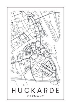 Hand drawn printable downtown road map poster of borough HUCKARDE of the German city of DORTMUND on solid white background with city name