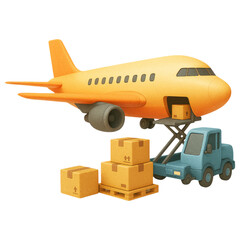 orange airplane being loaded with cargo boxes by blue truck