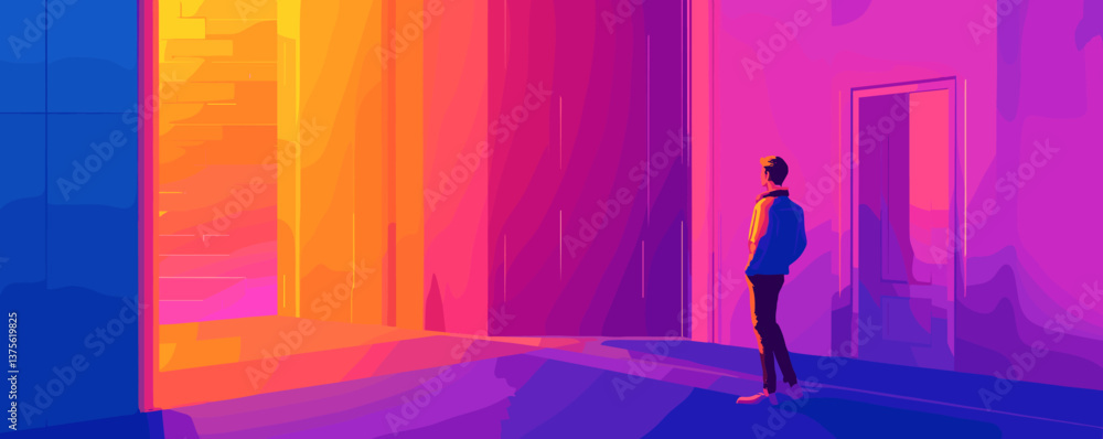 Poster colorful abstract corridor with illuminated path and standing figure - vector.