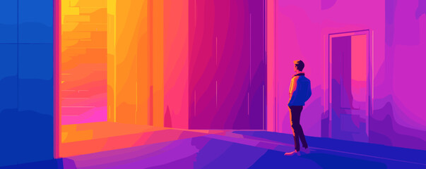Colorful abstract corridor with illuminated path and standing figure - vector.
