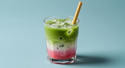 Iced Matcha Latte with Pink Layer, and Straw.