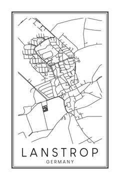 Hand drawn printable downtown road map poster of borough LANSTROP of the German city of DORTMUND on solid white background with city name