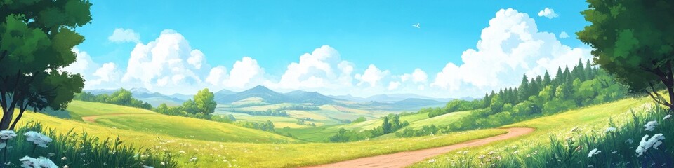 Fototapeta premium A picturesque countryside landscape with rolling hills, a dirt road, and wide open skies, perfect for adding promotional text.