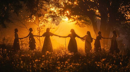 Silhouettes of people holding hands in a circle in a forest clearing at sunset. A scene of unity, friendship and celebration of the summer solstice. Ritual dances, outdoor festival