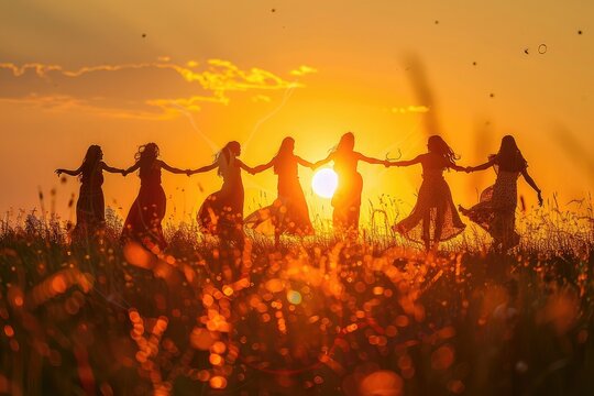 Silhouettes of people holding hands in a circle against a vibrant sunset. A scene of unity, friendship and summer solstice celebration. Perfect for community, festival and nature themes.