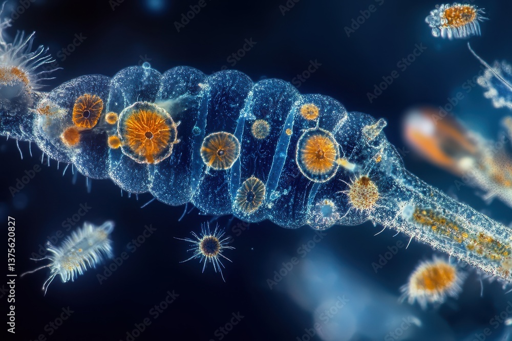 Poster intricate world of microorganisms captured under a microscope with diverse organisms and unique stru