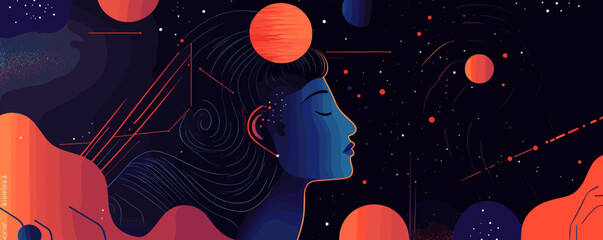 Surreal cosmic woman facing planets and stars in night sky - vector.
