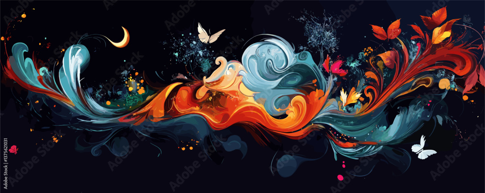 Poster colorful abstract swirls and butterflies on dark background - artistic design vector.