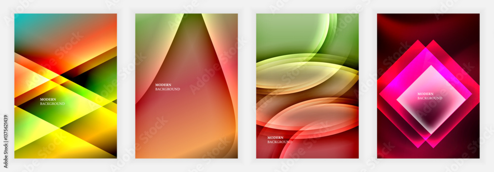 Poster four abstract posters with soft gradients and layered transparency in yellow, red, green, and pink f