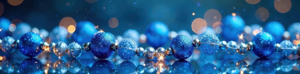 Sparkling blue and silver glass beads strung together to form a festive garland, beads, festive