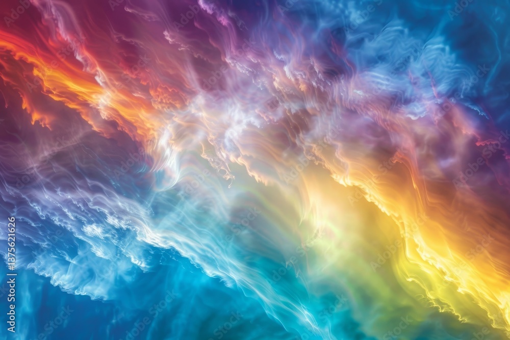 Poster abstract image of colorful iridescent clouds reflecting a rainbow at sunset, colorful iridescent clo