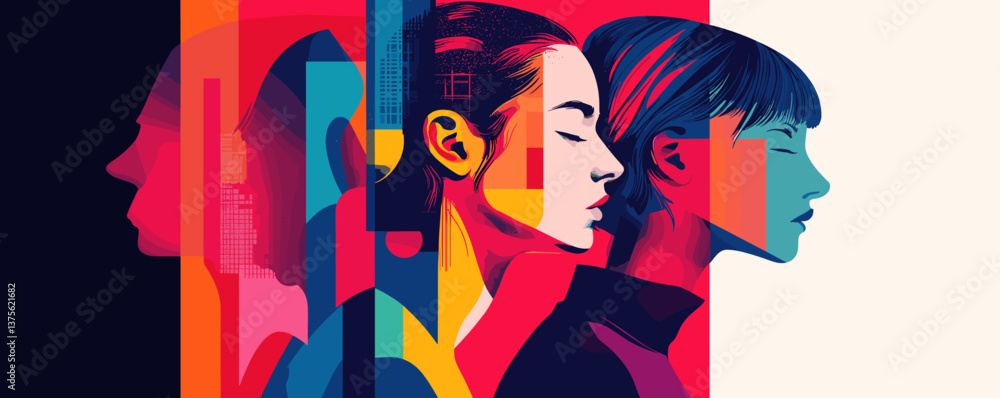 Poster colorful abstract faces with geometric layers in profile view art – vector.