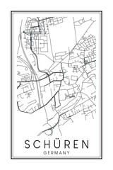 Hand drawn printable downtown road map poster of borough SCHÜREN of the German city of DORTMUND on solid white background with city name
