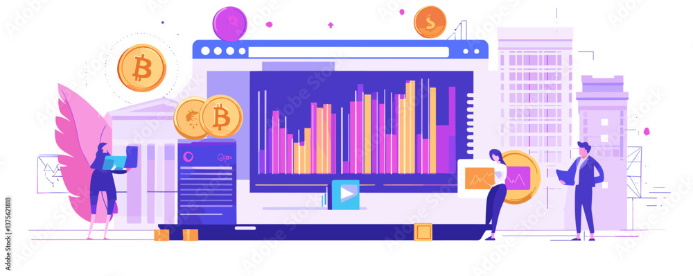 Poster cryptocurrency trading scene with graphs and coins in a modern cityscape - vector.