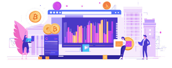 Cryptocurrency trading scene with graphs and coins in a modern cityscape - vector.