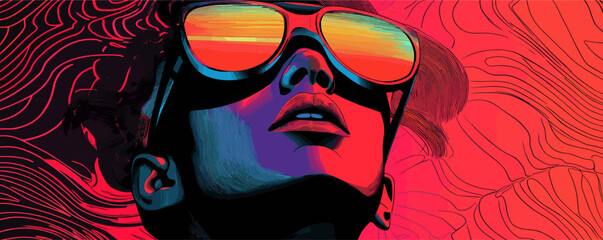 Vibrant retro futuristic portrait with sunglasses and psychedelic waves – vector.