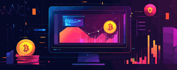Digital cryptocurrency trading with bitcoin on computer screen, futuristic market analysis - vector.