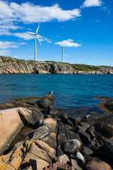 Two wind turbines stand on rocky cliffs overlooking the deep blue sea in Lysekil, Sweden. A seagull rests on the shore, enhancing this picturesque view of renewable energy and coastal nature