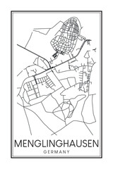 Hand drawn printable downtown road map poster of borough MENGLINGHAUSEN of the German city of DORTMUND on solid white background with city name