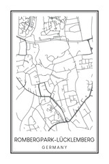 Hand drawn printable downtown road map poster of borough ROMBERGPARK-LÜCKLEMBERG of the German city of DORTMUND on solid white background with city name