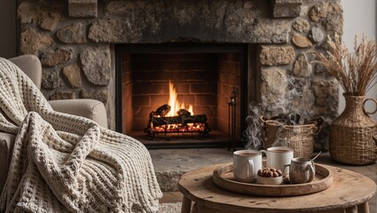 Escape to a warm winter sanctuary with a stone fireplace plush blankets and hot cocoa for the ultimate cozy experience