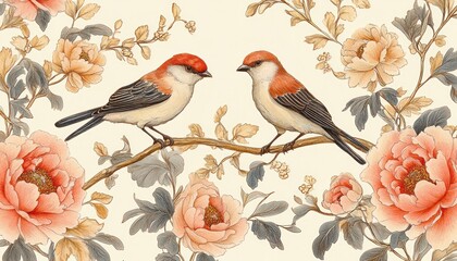 Peony Flower and Exotic Bird Pheasants Seamless Vintage Floral Pattern