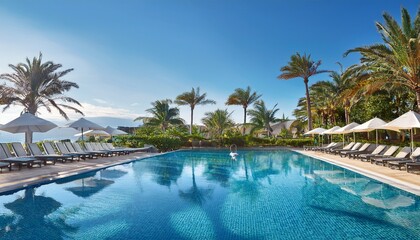 tropical resort pool with lounge chairs umbrellas and palm trees perfect vacation spot for relaxation and leisure activities