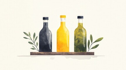 Three Bottles of Cooking Oil, Watercolor illustration of olive oil, balsamic vinegar, and herb oil.