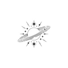 Celestial Saturn Symbol with Stars in Minimalist Line Art