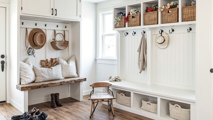 Cozy farmhouse mudroom with wooden cubbies rustic bench and vintage hooks holding woven baskets Perfect for seasonal accessories